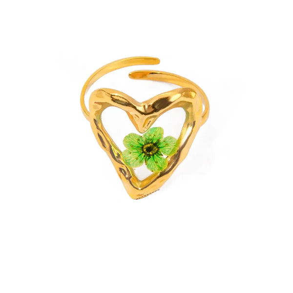 Green Flower Heart Ring